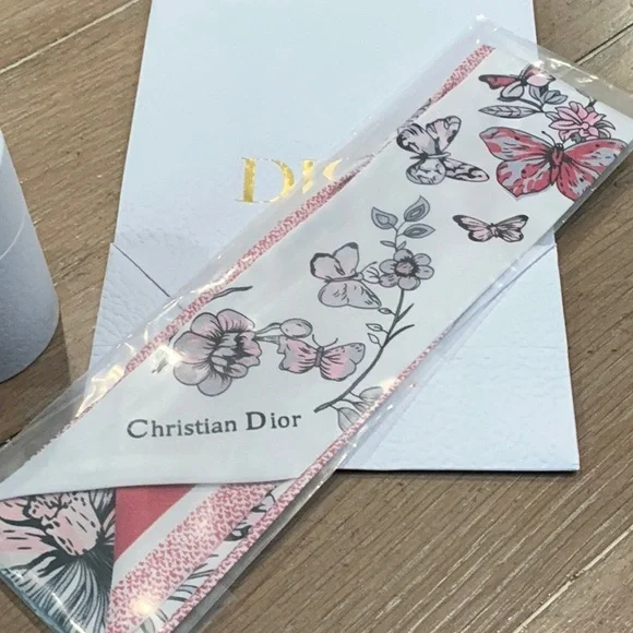 Dior Pink and White butterfly/floral print scarf twilly w/box and gift bag. GWP - Picture 2 of 3